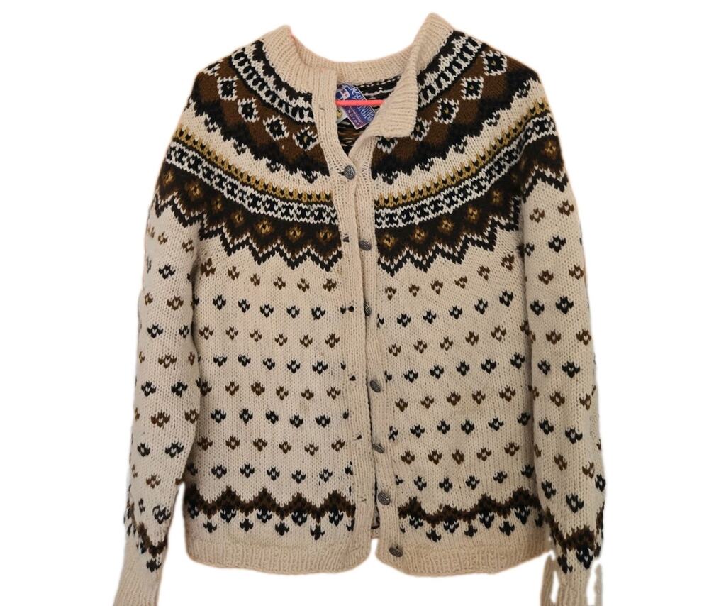 Vtg 60s Sundt Bergen Hand Knitted Blue Cream Fair Isle Wool Cardigan Sweater L